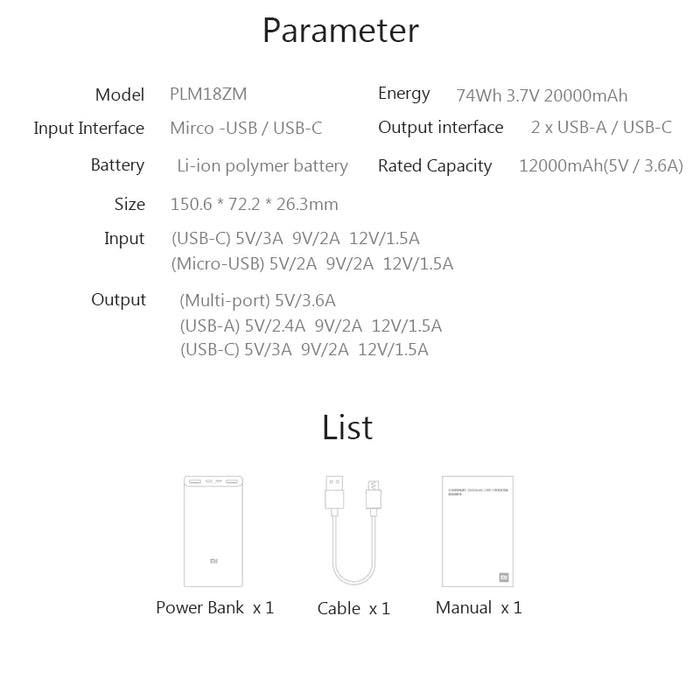 Xiaomi Power Bank 20000mAh 3 PLM18ZM 18W