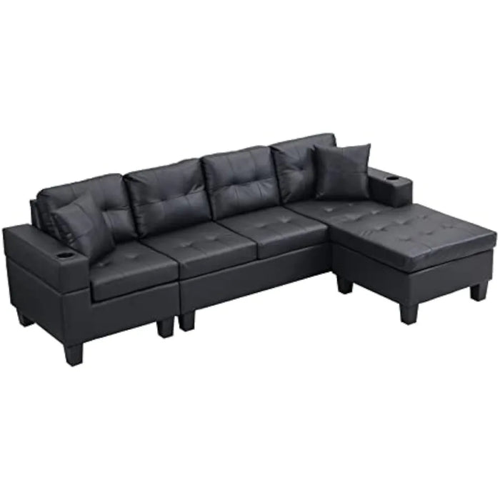 PU Leather Upholstered Sofa,Cup Holder and Left or Right Hand Chaise Lounge