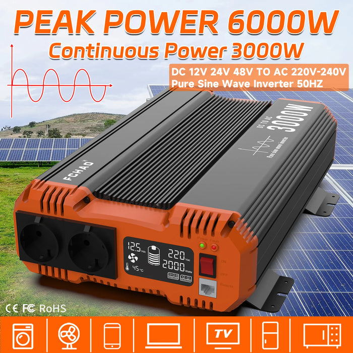 Pure Sine Wave Inverter Power Inverter 6000W DC 12V 24V 48V To AC 230V 50HZ/60HZ