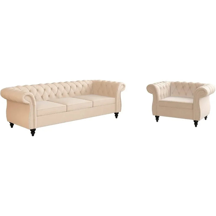 2 Piece Living Room Set, Velvet Chesterfield Sofa Set