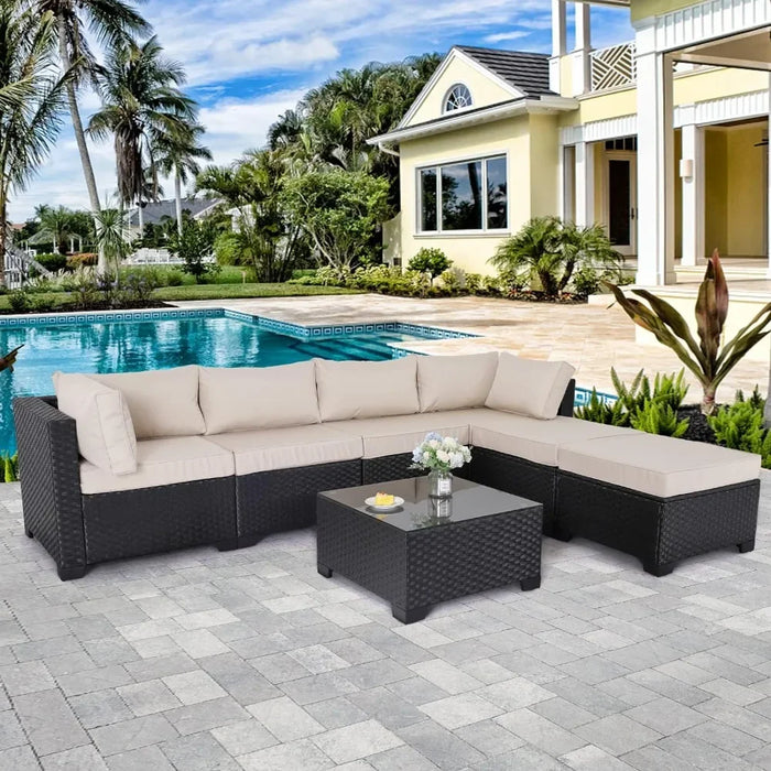 7 Pieces Outdoor Conversation Sofa Set with Khaki Cushions and Glass Top Table