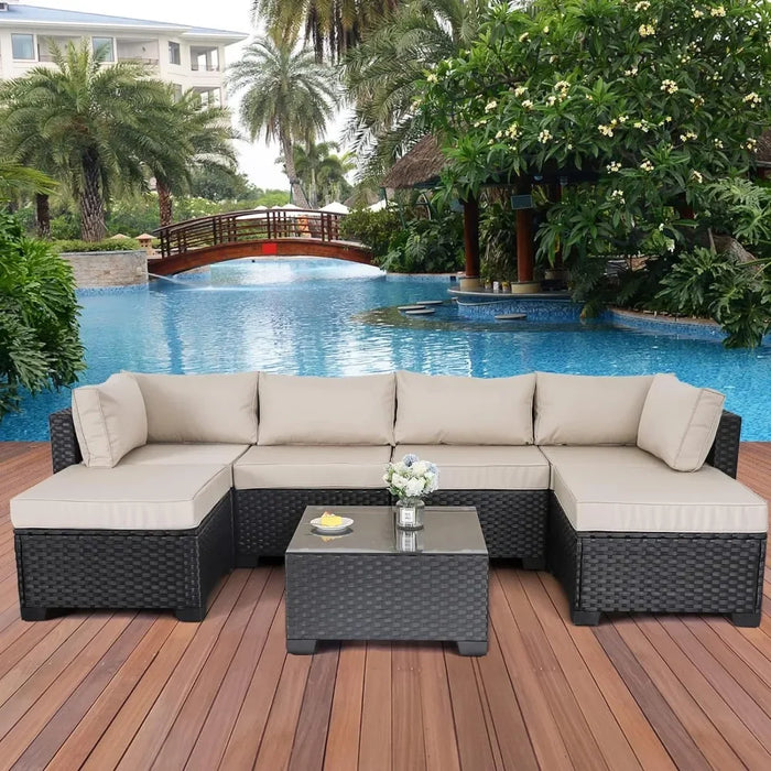 7 Pieces Outdoor Conversation Sofa Set with Khaki Cushions and Glass Top Table