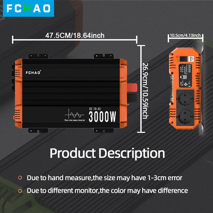 FCHAO Inverter 3000W Pure Sine Wave 50hz 60hz with LCD Display 24v 12v to 220v 230v