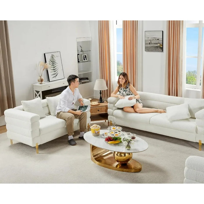 Living Room- White Deep Seat Sofa, Bouclé Couch