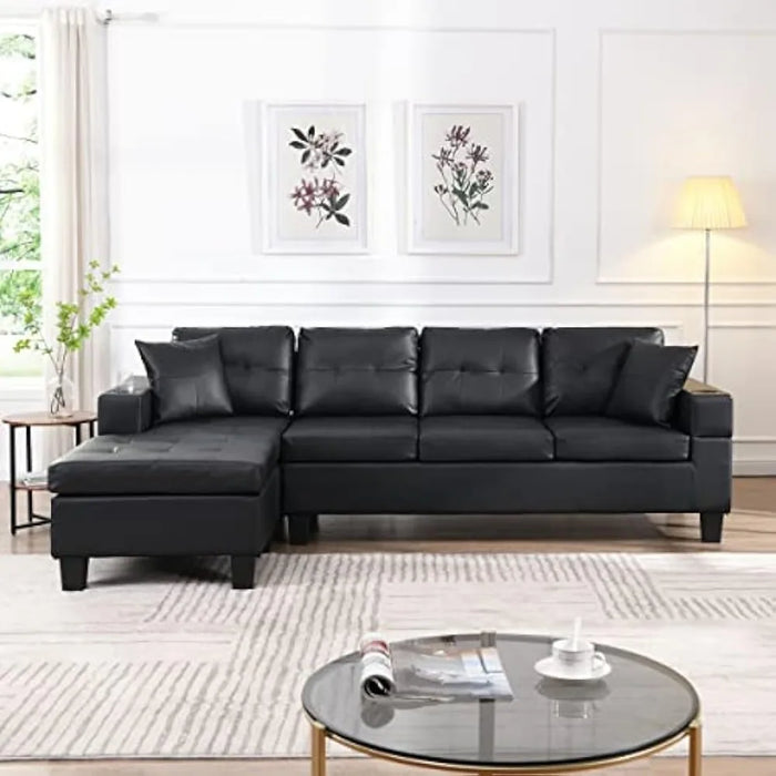 PU Leather Upholstered Sofa,Cup Holder and Left or Right Hand Chaise Lounge