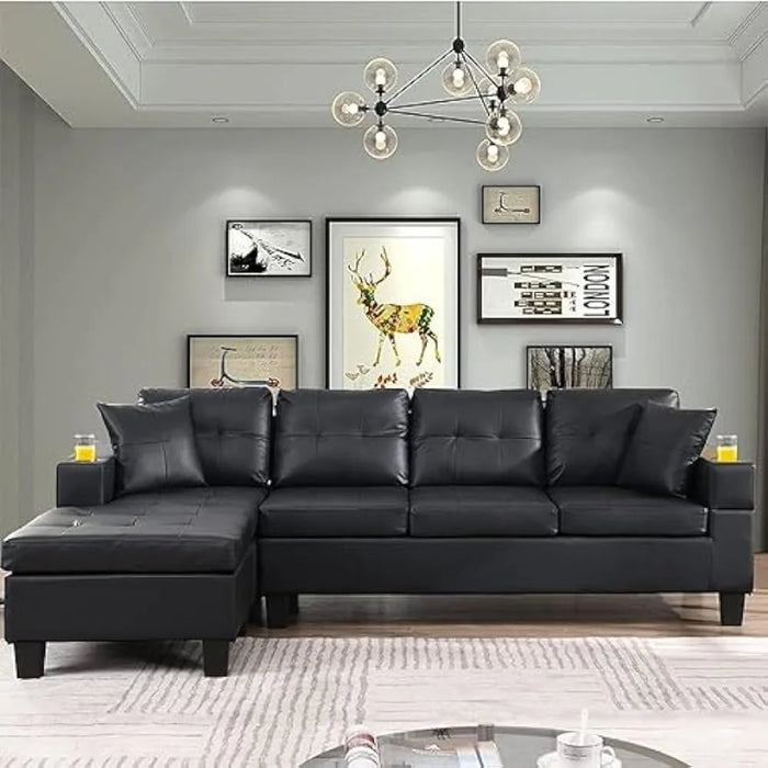 PU Leather Upholstered Sofa,Cup Holder and Left or Right Hand Chaise Lounge