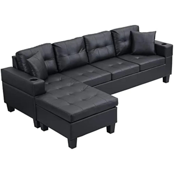 PU Leather Upholstered Sofa,Cup Holder and Left or Right Hand Chaise Lounge