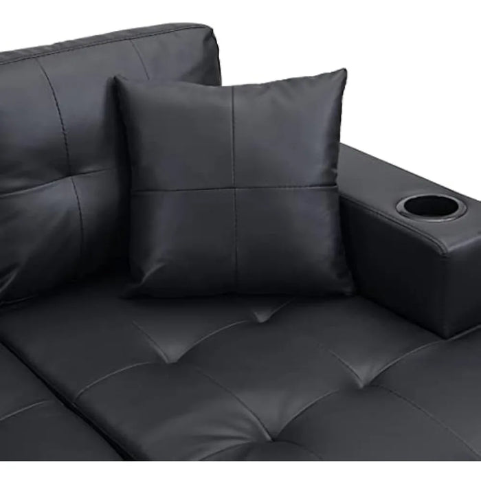 PU Leather Upholstered Sofa,Cup Holder and Left or Right Hand Chaise Lounge